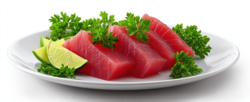 fresh tuna sashimi pieces on a white dish topped with parsley and lime slices