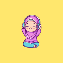 Cartoon Girl Listening to Music