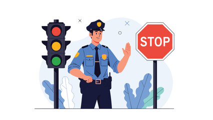 Uniformed police officer stands near a traffic light and a stop sign while gesturing with his hand to halt traffic for safety.