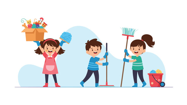 Group of three diligent children work together to clean their room using a mop, broom, and a duster to help with housework.