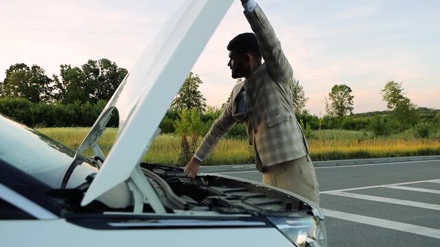Professional businessman in elegant suit standing beside road, opening car hood and carefully inspecting engine during unexpected vehicle breakdown, experiencing mechanical frustration

