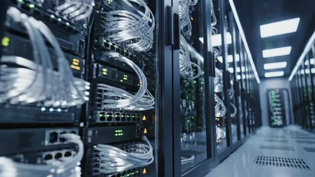 Data Center Server Racks Glowing with Blue Lights, Data Flowing, Technological Power