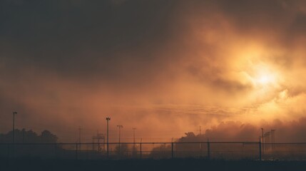 Naklejka premium Sunset silhouette with security measures. Horizon outline during storm with surveillance poles. Silhouetted landscape at sunset including stormy horizon and physical security installations
