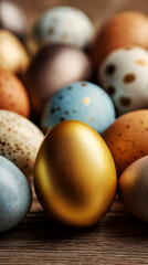Fototapeta premium Colorful easter eggs and one golden egg. Easter party hunt concept.