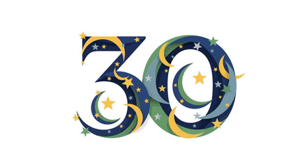 Fototapeta premium A modern vector illustration of the number 30 with a Ramadan theme, featuring crescent moons, stars, and Islamic patterns in a flat design with gold accents on a white background.