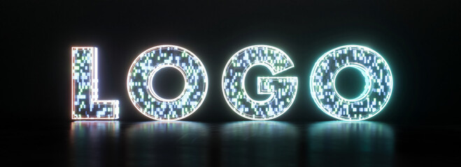 Modern Pixel Neon 3D Text "LOGO" on black background with glowing effect for banner, poster, signage. © DesignSoln