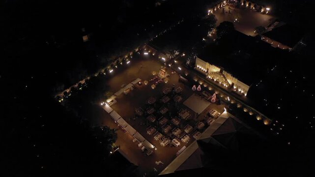 Aerial night drone view of a Big Fat Indian Wedding Venue Decoration in India