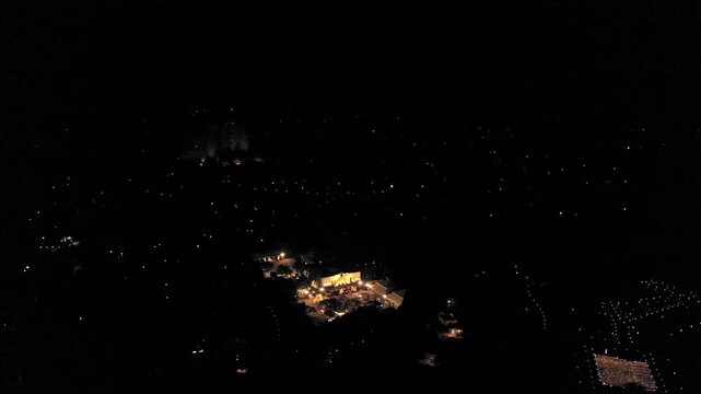 Aerial night drone view of a Big Fat Indian Wedding Venue Decoration in India