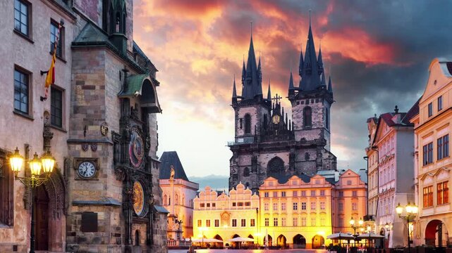 Time lapse of Prague, Czech Republic. Panoramic sunset view at Church of Our Lady Before Tyn the Old Town Square Praha city. Evening in prague, popular travel destination Europe