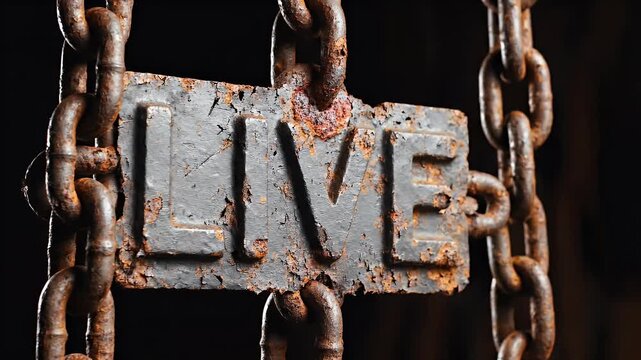 Close-up of a weathered metal sign, the word "LIVE" is stamped. The sign hangs from rust colored chains