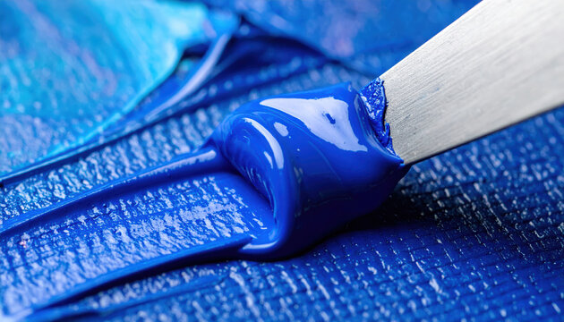 Primo piano di pittura a olio blu brillante stesa con una spatola metallica su tela materica. Generative AI 