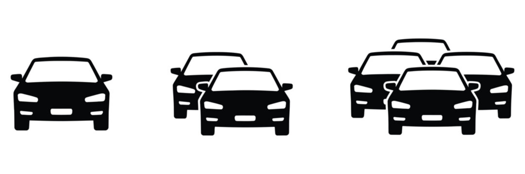 Automobile icon collection, car symbols showing traffic jam, single, double, and triple vehicle illustrations, black vector design elements, editable vector set, flat and stroke style