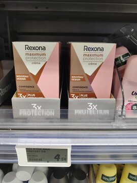 Saujon, France - January 24, 2026: Intermarche. Rexona maximum protection cream deodorant displayed on a store shelf with visible pricing and product design elements