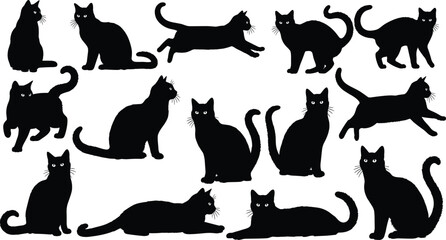Black cat silhouettes collection featuring playful, sitting and lying feline poses isolated on white background, detailed domestic pet illustration set for Halloween and design projects © Shahariar's World