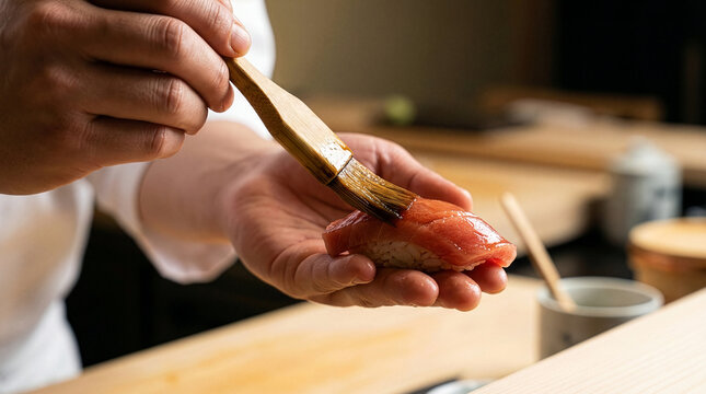 A sushi chef uses a soy sauce brush to apply oil to a perfect tuna nigiri - Authentic Edomae Sushi