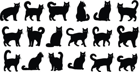 Black cat silhouettes collection featuring various standing and sitting feline poses isolated on white background, detailed domestic cat illustration set for Halloween and pet design © Shahariar's World