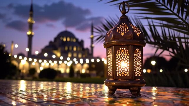 Traditional Ramadan lantern glows warmly on tiled at dusk with mosque and palm leaves