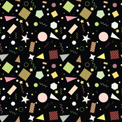 Memphis style seamless pattern with geometric shapes on black background