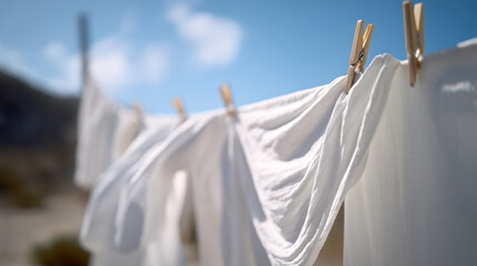 White clothes hanging on a clothesline with wooden clothespins outdoors in a natural setting