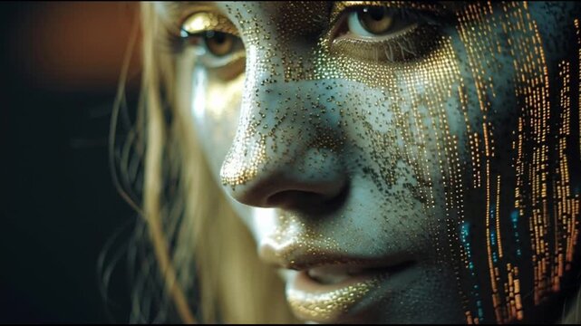 A close-up portrait of a young woman with binary code streaming down her face, representing data privacy day with a futuristic and technological mood.