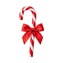A festive candy cane with a vibrant red ribbon tied around it.