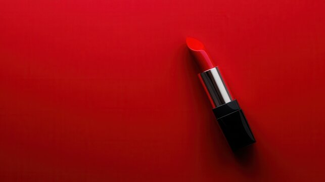 Creative shot emphasizing sleek red lipstick with soft shadows, Artistic configuration showcasing striking red lipstick on matte surface with delicate shadow play and textured detail