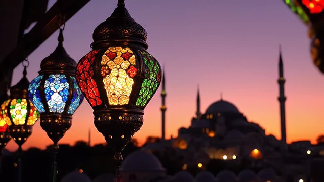 Traditional Ramadan Lanterns Illuminate a Mosque Silhouette at Dusk, Creating a Magical