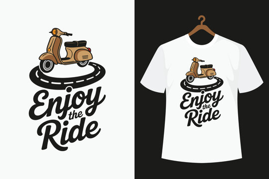 White t-shirt with brown scooter and enjoy the ride text on black background