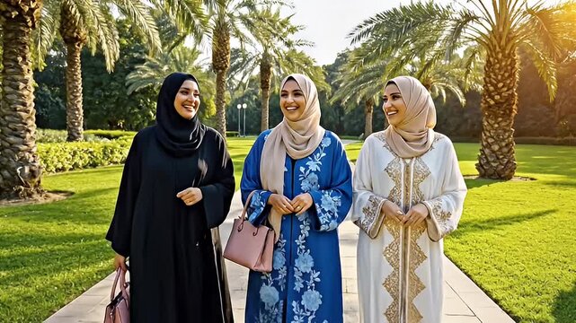 Three smiling women in traditional attire walking on a path in a park