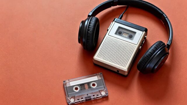 Vintage cassette player headphones and tape
