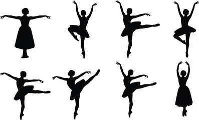Set of ballet dancer silhouettes in elegant poses isolated on white background, graceful ballerina collection showcasing classical dance movements, tutu costumes and artistic performance shapes