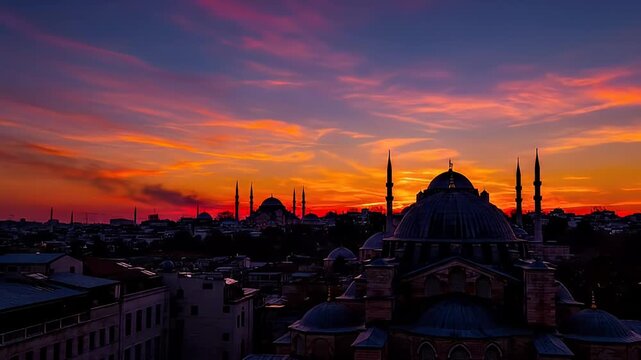 Stunning sunset over Istanbul's historic cityscape, showcasing mosques and architectural marvels
