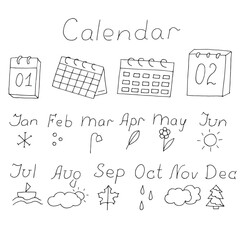 Hand drawn calendar set with monthly names from January to December and seasonal weather icons for planner, organizer and bullet journal design minimalist black and white doodle illustration