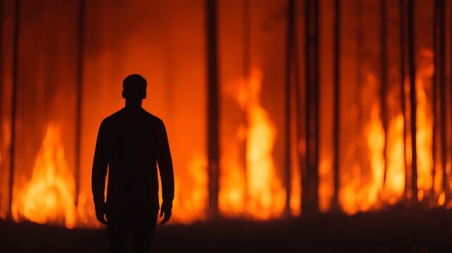 A silhouette of a person stands facing a raging forest fire, with tall flames engulfing the trees in the background.