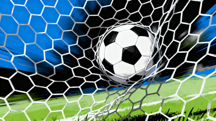 is a digital illustration depicting a classic black and white soccer ball caught in the net of a goal. The net is intricately detailed with a hexagonal pattern, appearing taut as the ball pushes again