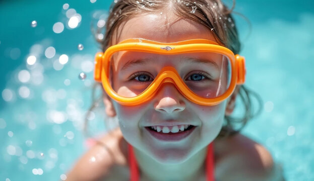 A happy little girl wearing orange swimming goggles plays in the pool.