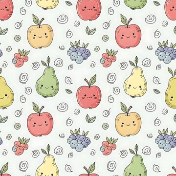 Cute cartoon fruits with faces seamless pattern vector illustration kids design
