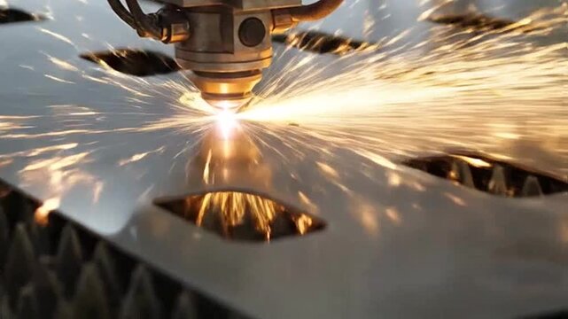 Automated laser cutting machine precisely shaping l with bright sparks