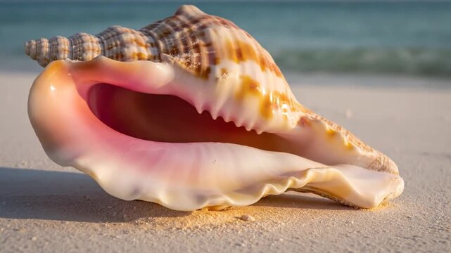 A large conch shell on a sandy beach with the ocean in the blurred background