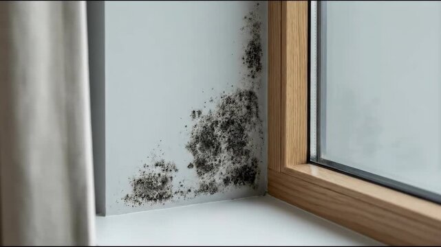 Black mold growing on a wall and window frame next to a curtain. Concept of dampness, health hazard, and property damage from fungus.