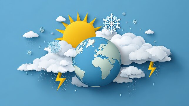 vector illustration of earth surrounded by weather elements of sun, thunderstorms, rain clouds, snowflake, and lightning bolts. world meteorological day, climate and meteorology.