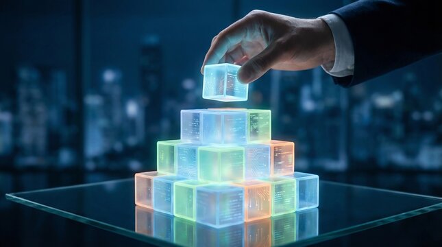 Businessman places glowing cube atop a futuristic digital block pyramid structure against a dark city backdrop.