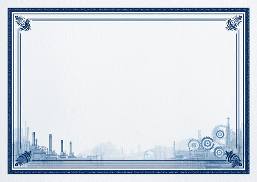 A certificate template with clean white background, navy accents, refined gold border, and subtle industrial motifs, expressing professionalism, elegance, trust, and corporate identity.