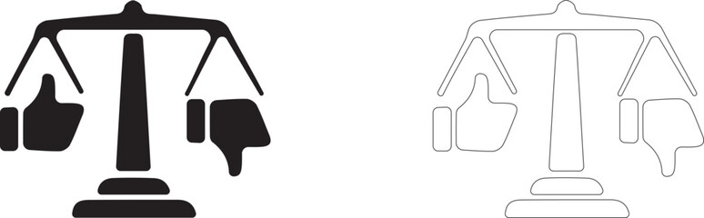 Thumbs up and down at opposite ends of a scale. Vector icon of a weighted rating. Pros and cons sign.
