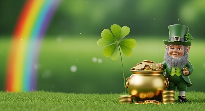 st patricks day decor, happy leprechaun statue by pot of gold coins, under colorful rainbow