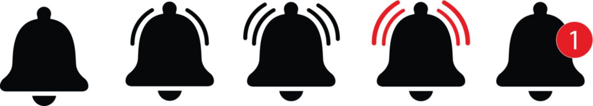 Notification bell icon set. Alarm symbol. Incoming message symbol. Bell for subscribe, alarm and push chat alert. New notification, reminder