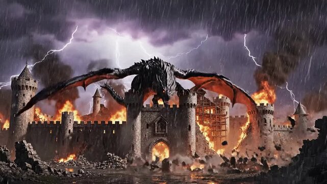 Furious Dragon Attacking Burning Castle During Epic Thunderstorm