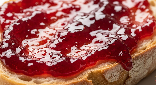 The soft glowing surreal holographic mouse hovers above a slice of toasted bread topped with jelly on a plate.