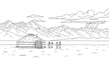 Fototapeta premium Nomadic dwelling in a vast mountain landscape with a group of people standing outside