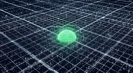 A glowing green sphere radiates light from the center of a complex digital grid network, symbolizing a core processing unit in cyberspace.